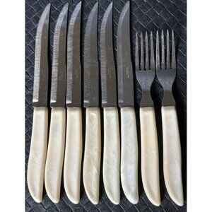 Vintage 1960s QUIKUT Stainless Steel 6 Steak Knives 2 Forks Hollow Ground Pearl